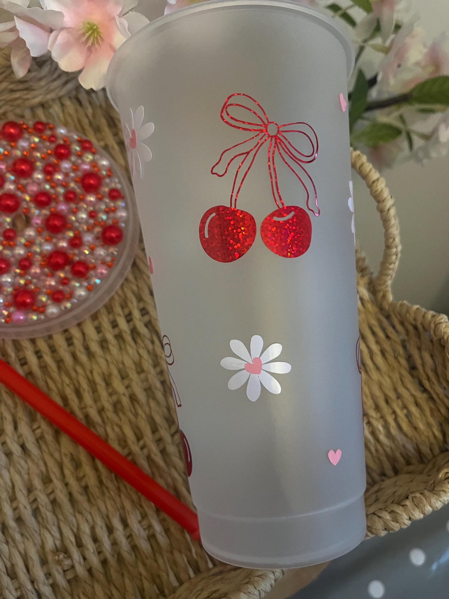 Cherry Daisy Cold Cup, Cherry Theme Daisie Theme, Cherry Vibe, Summer Drinks, Personalised Cold Cup, Iced Coffee Cup, Summer Cup