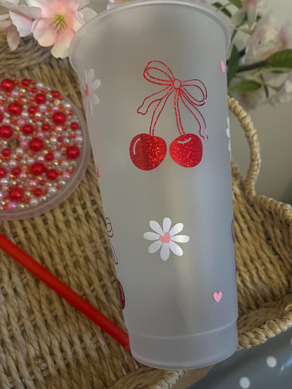 Cherry Daisy Cold Cup, Cherry Theme Daisie Theme, Cherry Vibe, Summer Drinks, Personalised Cold Cup, Iced Coffee Cup, Summer Cup
