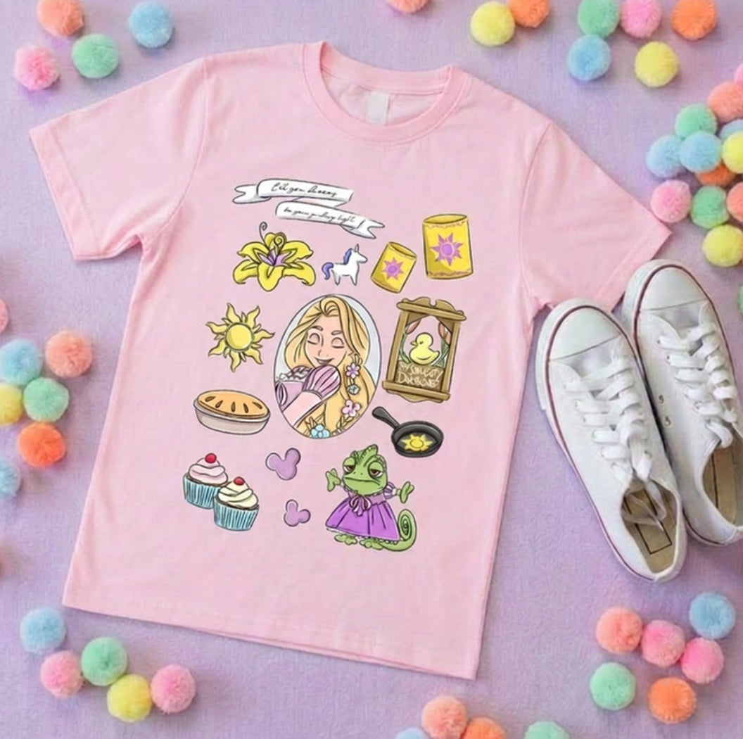 Rapunzel Princess Tower Full Art Inspired Printed T-Shirt, Princess Movie, Golden Hair Princess- Adults & Kids Sizes - Cotton T-Shirt
