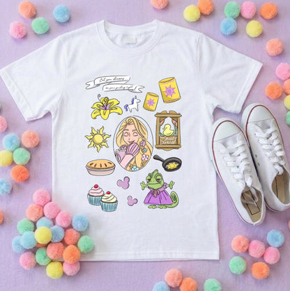 Rapunzel Princess Tower Full Art Inspired Printed T-Shirt, Princess Movie, Golden Hair Princess- Adults & Kids Sizes - Cotton T-Shirt