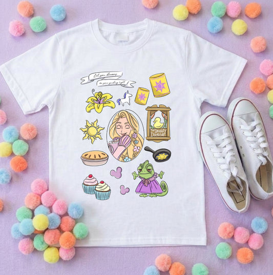 Rapunzel Princess Tower Full Art Inspired Printed T-Shirt, Princess Movie, Golden Hair Princess- Adults & Kids Sizes - Cotton T-Shirt