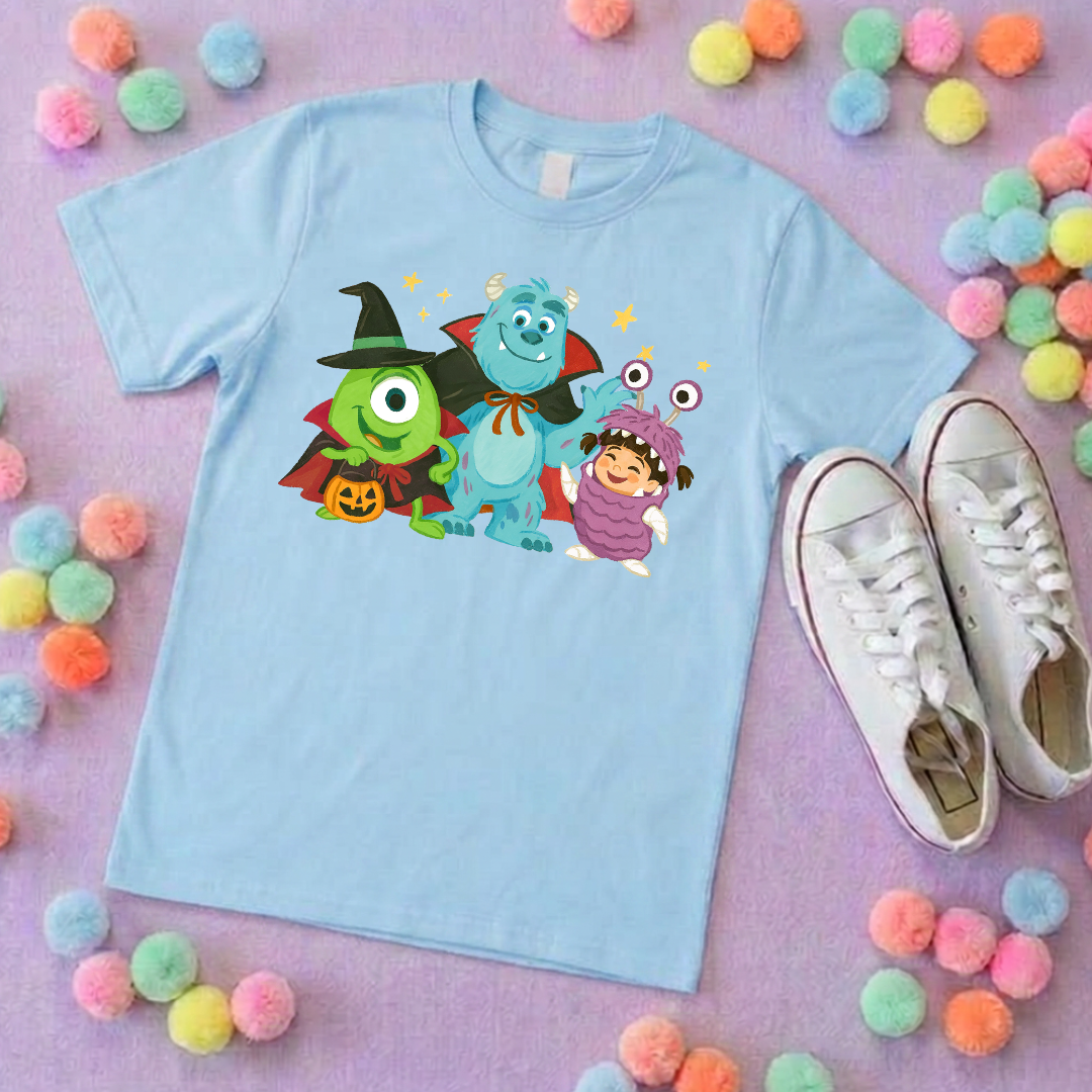 Spooky Monsters, Boo Full Art Inspired Printed Blue T-Shirt, Monsters Inc, University, Mike, Sully, Boo and Friends - Adults & Kids Sizes - Cotton T-Shirt
