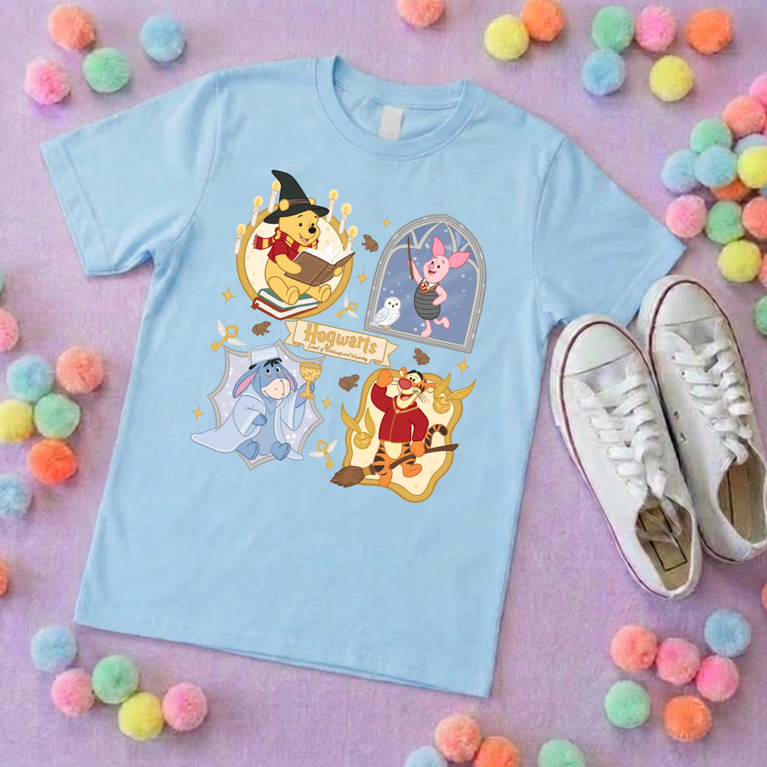 Winnie in Hogwarts Full Art Park Life T-Shirt, Ears, Florida, Orlando, Cruise Holidays T-Shirts, Holiday Outfits - Adults & Kids Sizes - Cotton T-Shirts