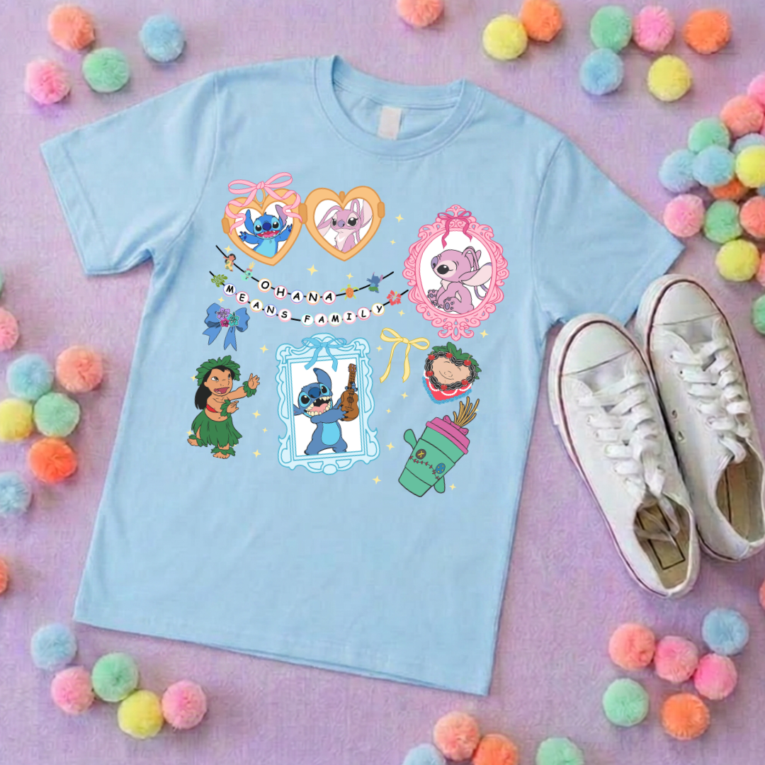 Blue Alien Stitch Inspired Printed Blue T-Shirt, Hawaii, Hawaiian Rollercoaster, Lilo, Scrump - Adults & Kids Sizes - Cotton T-Shirt