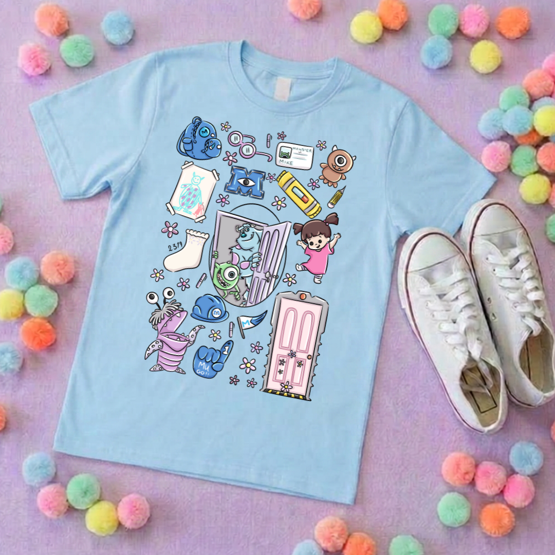 Monsters, Boo Full Art Inspired Printed Blue T-Shirt, Monsters Inc, University, Mike, Sully, Boo and Friends - Adults & Kids Sizes - Cotton T-Shirt