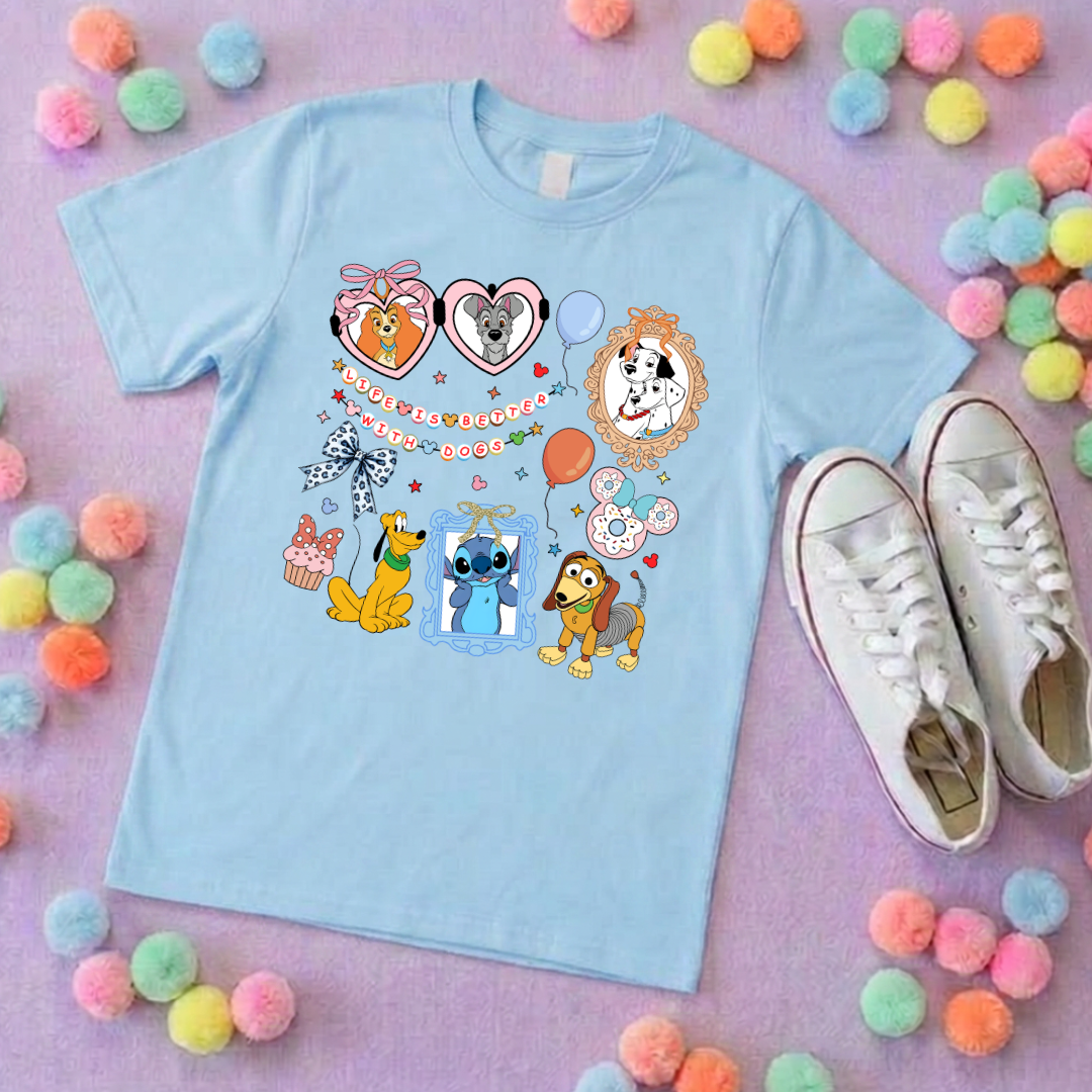 Pets Inspired Printed White T-Shirt, Dogs, Stitch, Dalmations and Friends - Adults & Kids Sizes - Cotton T-Shirt
