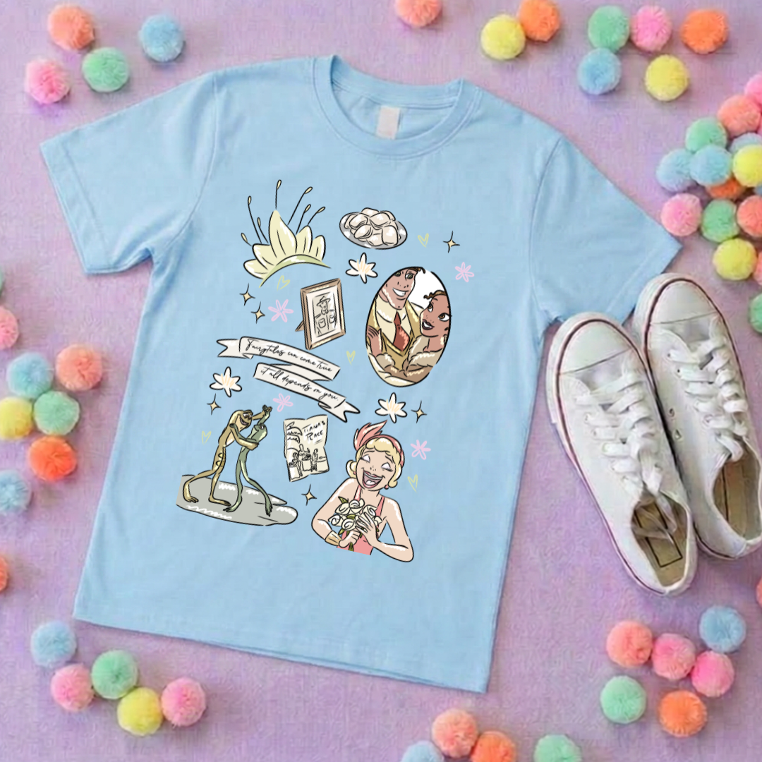 Bayou Frog Princess Full Art Inspired Printed T-Shirt, Princess Movie, Mouse Ears, Princess- Adults & Kids Sizes - Cotton T-Shirt