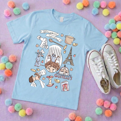 Chez Remi Full Art Rat Inspired Printed T-Shirt, French Mouse Chef, Ratatouille - Adults & Kids Sizes - Cotton T-Shirt