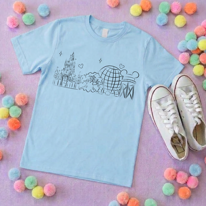 Exclusive Design, 4 Park Sketch Tee, Park Life T-Shirt, Ears, Florida, Orlando, Cruise Holidays T-Shirts, Holiday Outfits - Adults & Kids Sizes - Cotton T-Shirt