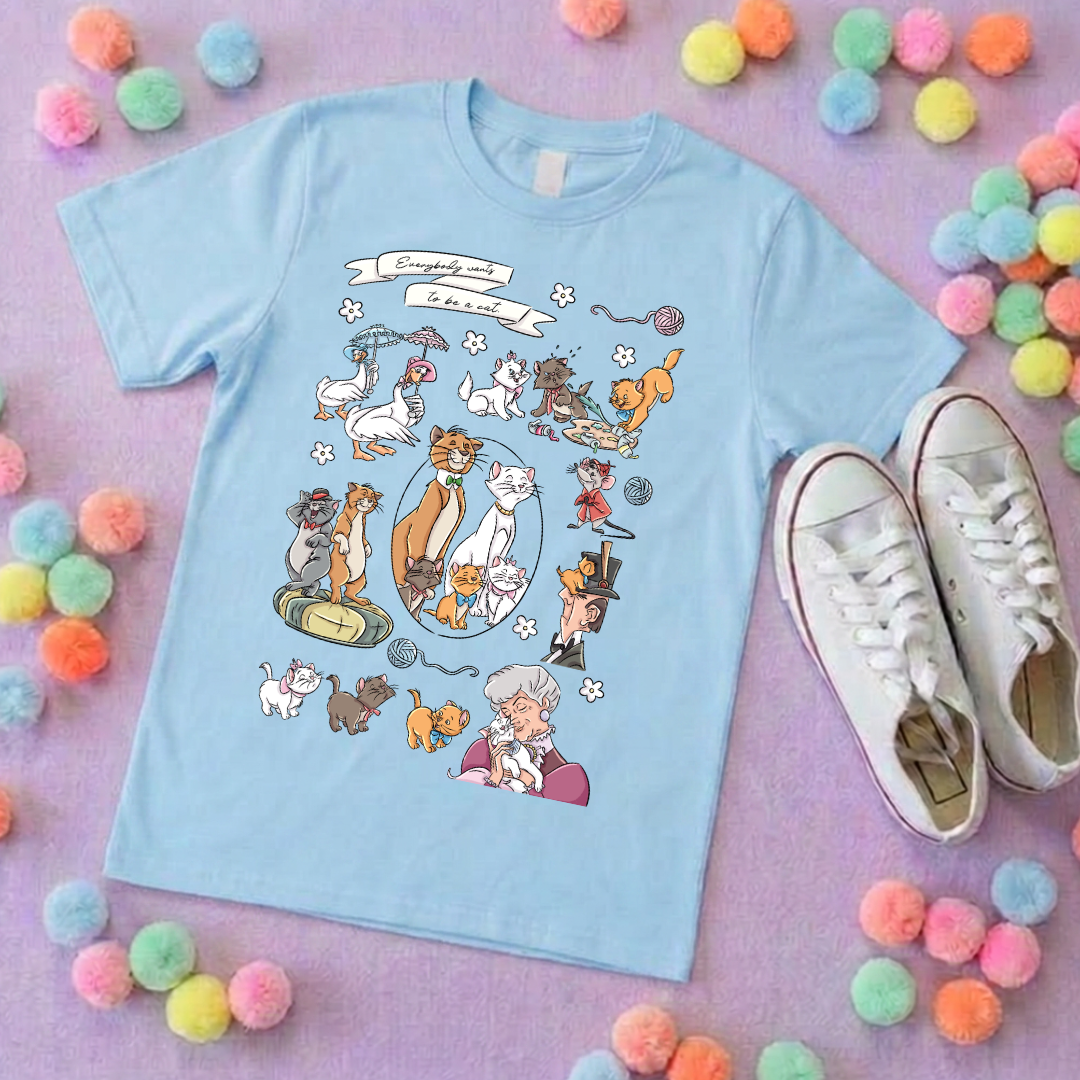 Cat Aristocat Full Art Inspired Printed Pink T-Shirt, Underwater, Kittens, Marie, Duchess and Friends - Adults & Kids Sizes - Cotton T-Shirt