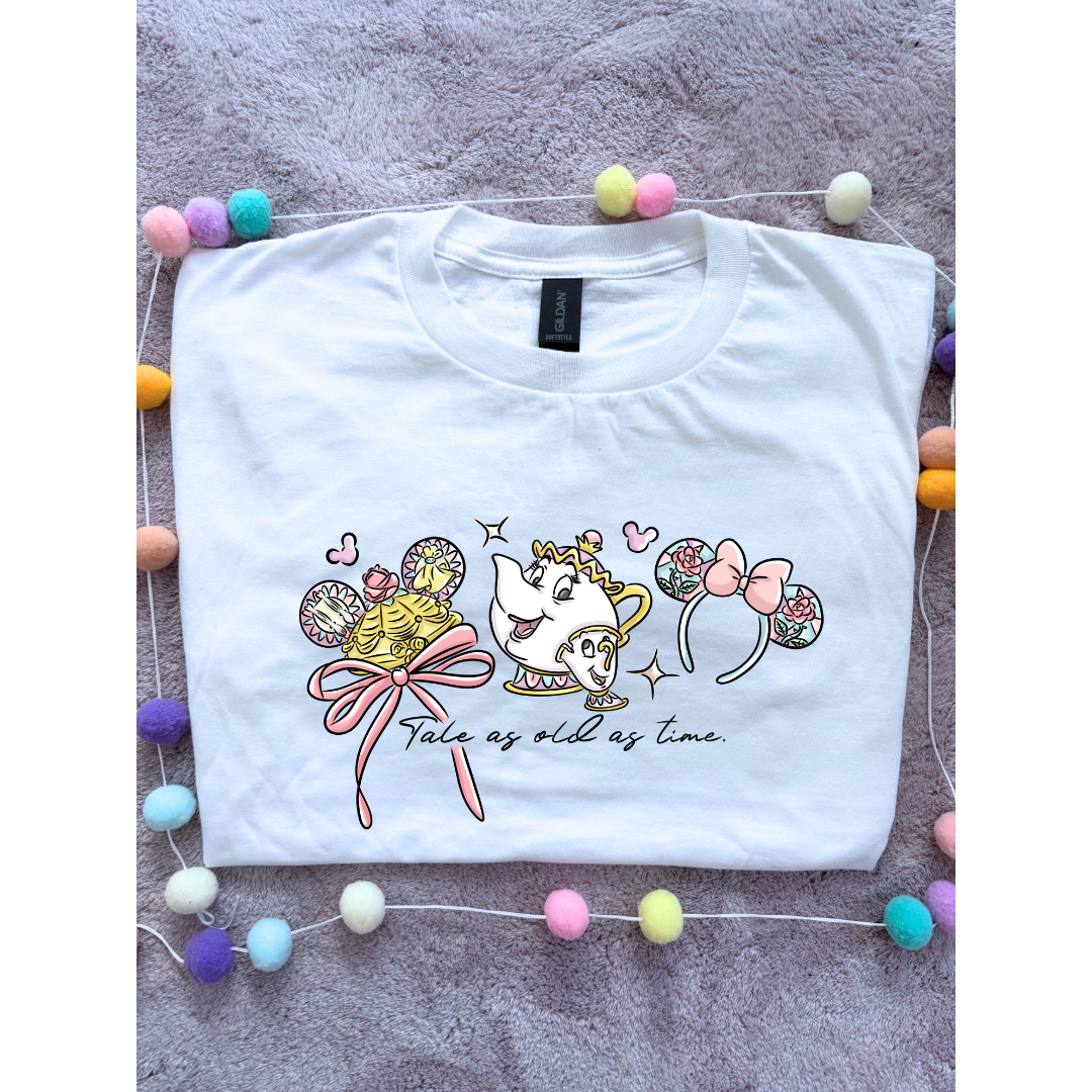 Belle & Teapot Inspired Printed T-Shirt, Princess Movie, Mouse Ears, Princess- Adults & Kids Sizes - Cotton T-Shirt