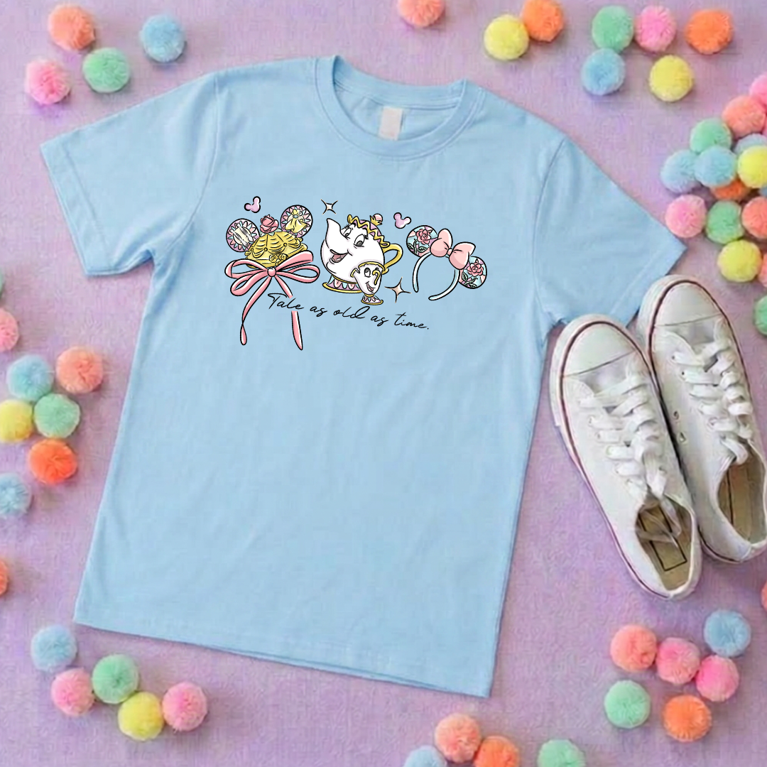 Belle & Teapot Inspired Printed T-Shirt, Princess Movie, Mouse Ears, Princess- Adults & Kids Sizes - Cotton T-Shirt