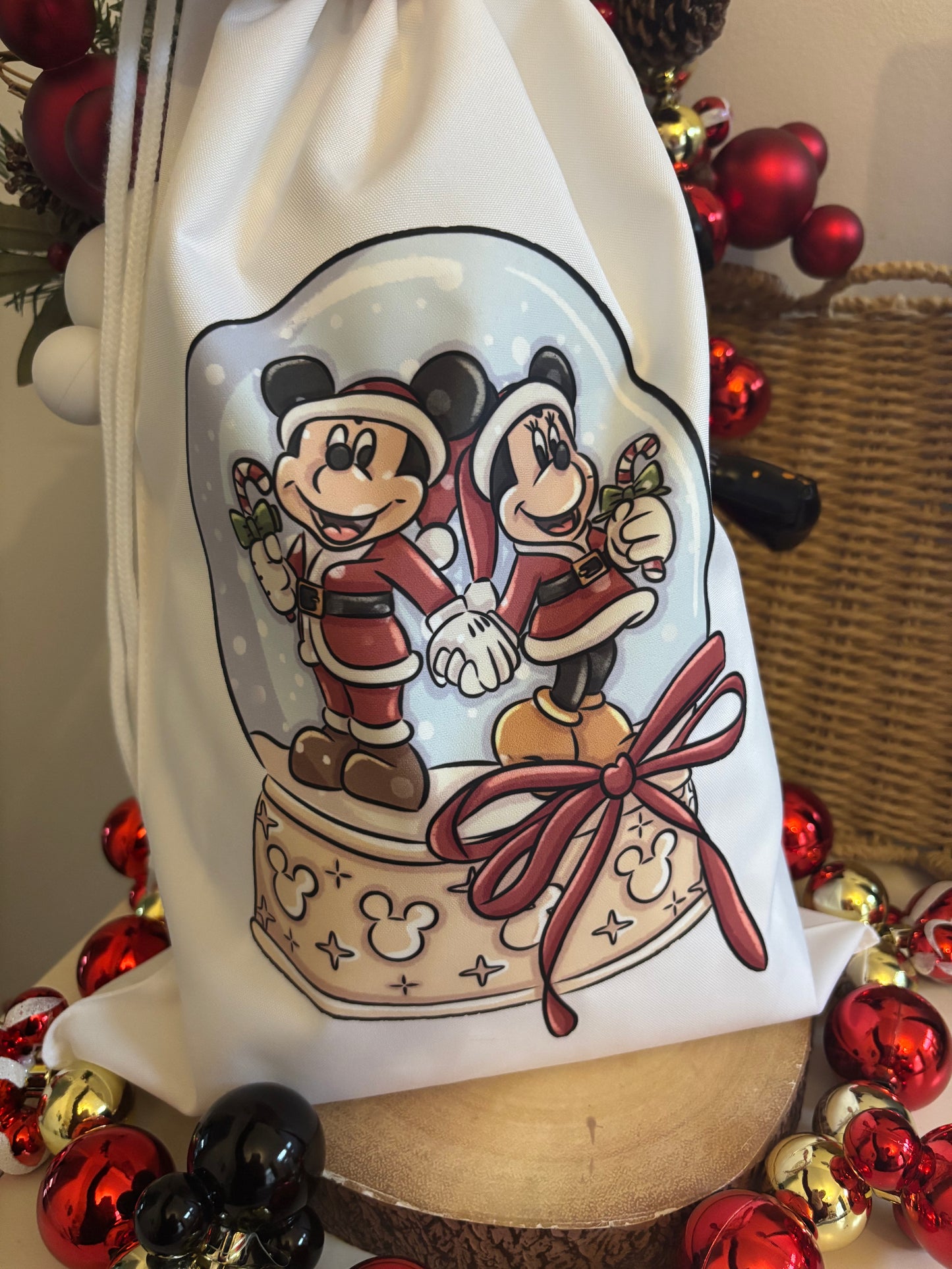 Christmas Santa Minnie & Mickey Snowglobe Printed Sacks, Magical Christmas Sacks, Personalised Sacks, Christmas Decor