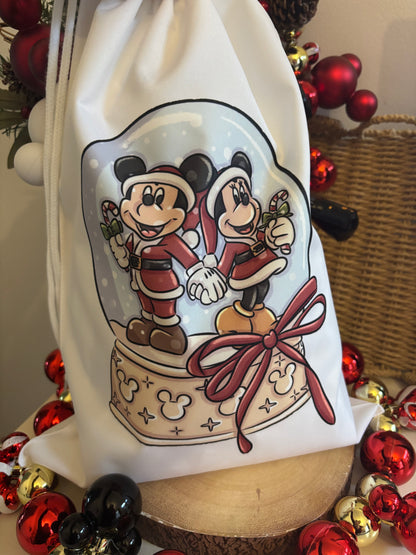 Christmas Santa Minnie & Mickey Snowglobe Printed Sacks, Magical Christmas Sacks, Personalised Sacks, Christmas Decor