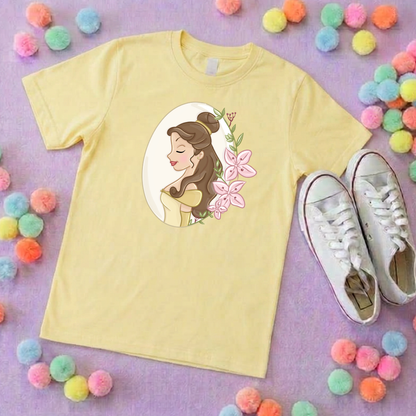 Belle & Flower Inspired Printed T-Shirt, Princess Movie, Mouse Ears, Princess- Adults & Kids Sizes - Cotton T-Shirt