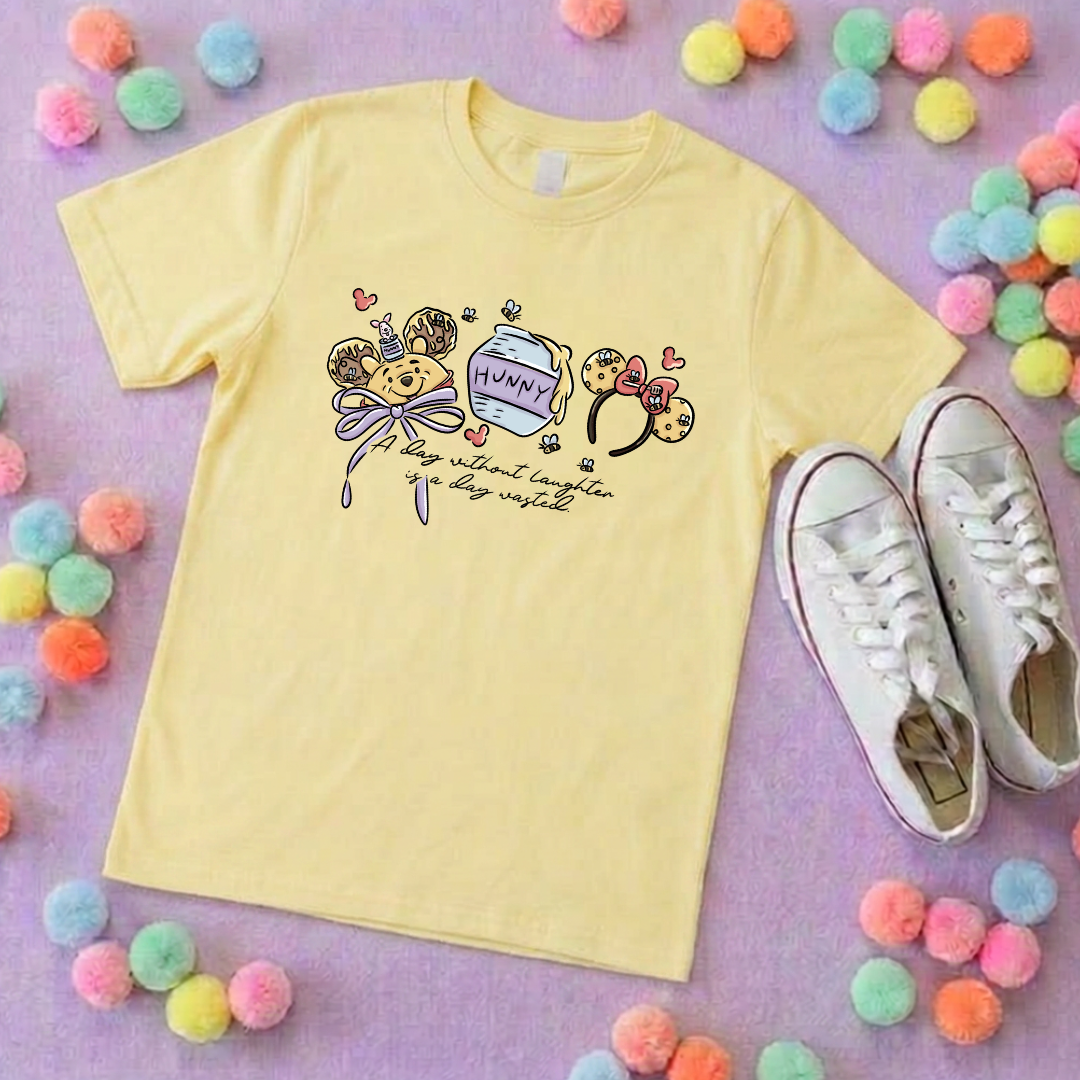 Hunny Bear Pooh Inspired Printed White T-Shirt, English Yellow Bear, Acre Wood - Adults & Kids Sizes - Cotton T-Shirt