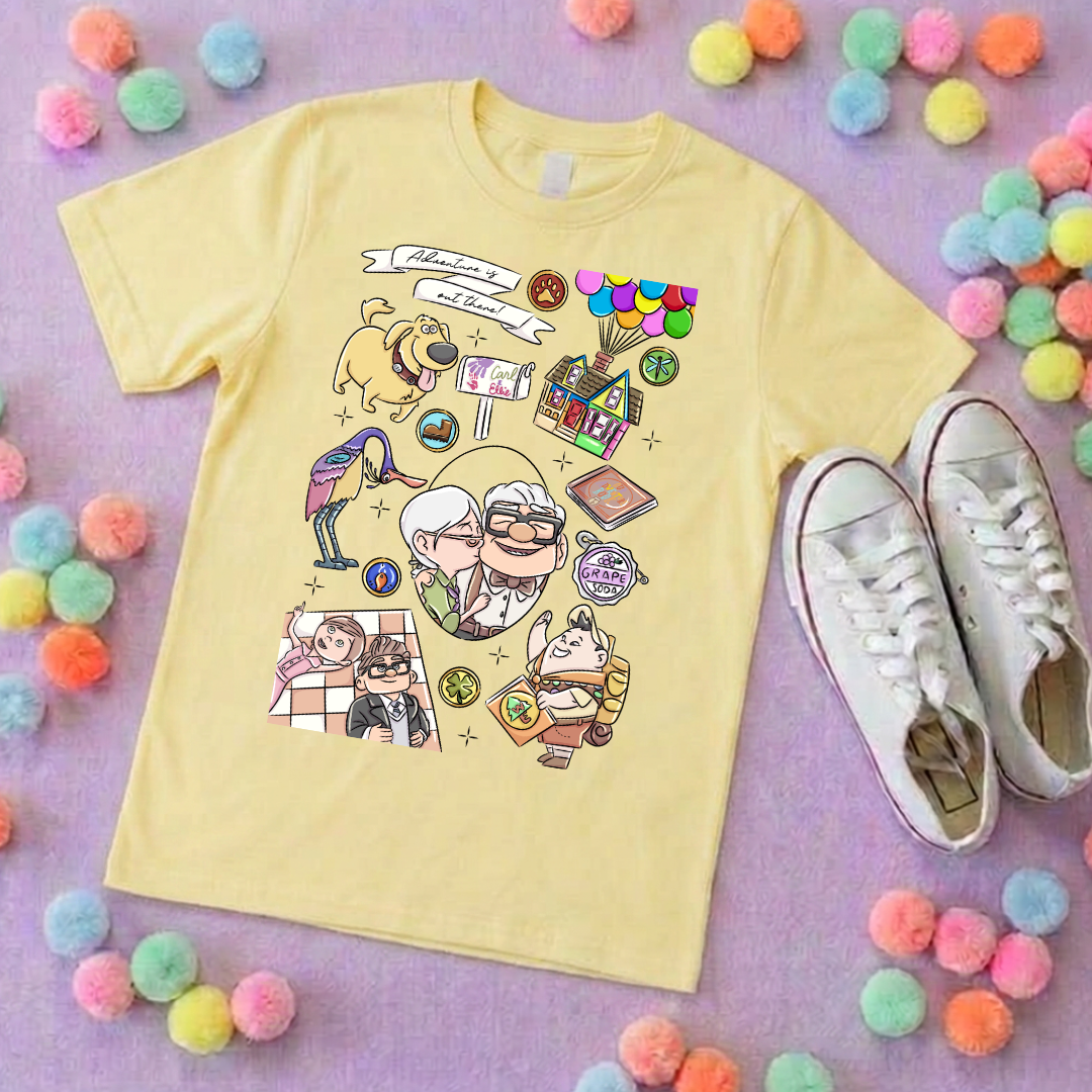 Up Full Art House Inspired Printed White T-Shirt, Florida, Orlando, Ellie and Karl, Kevin, Dug - Adults & Kids Sizes - Cotton T-Shirt