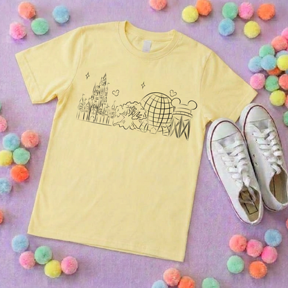 Exclusive Design, 4 Park Sketch Tee, Park Life T-Shirt, Ears, Florida, Orlando, Cruise Holidays T-Shirts, Holiday Outfits - Adults & Kids Sizes - Cotton T-Shirt