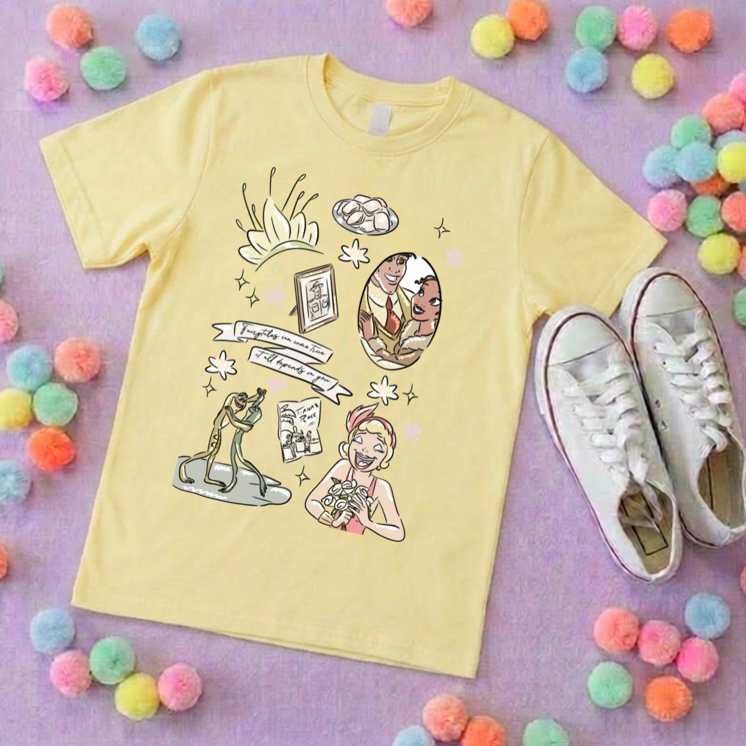 Bayou Frog Princess Full Art Inspired Printed T-Shirt, Princess Movie, Mouse Ears, Princess- Adults & Kids Sizes - Cotton T-Shirt