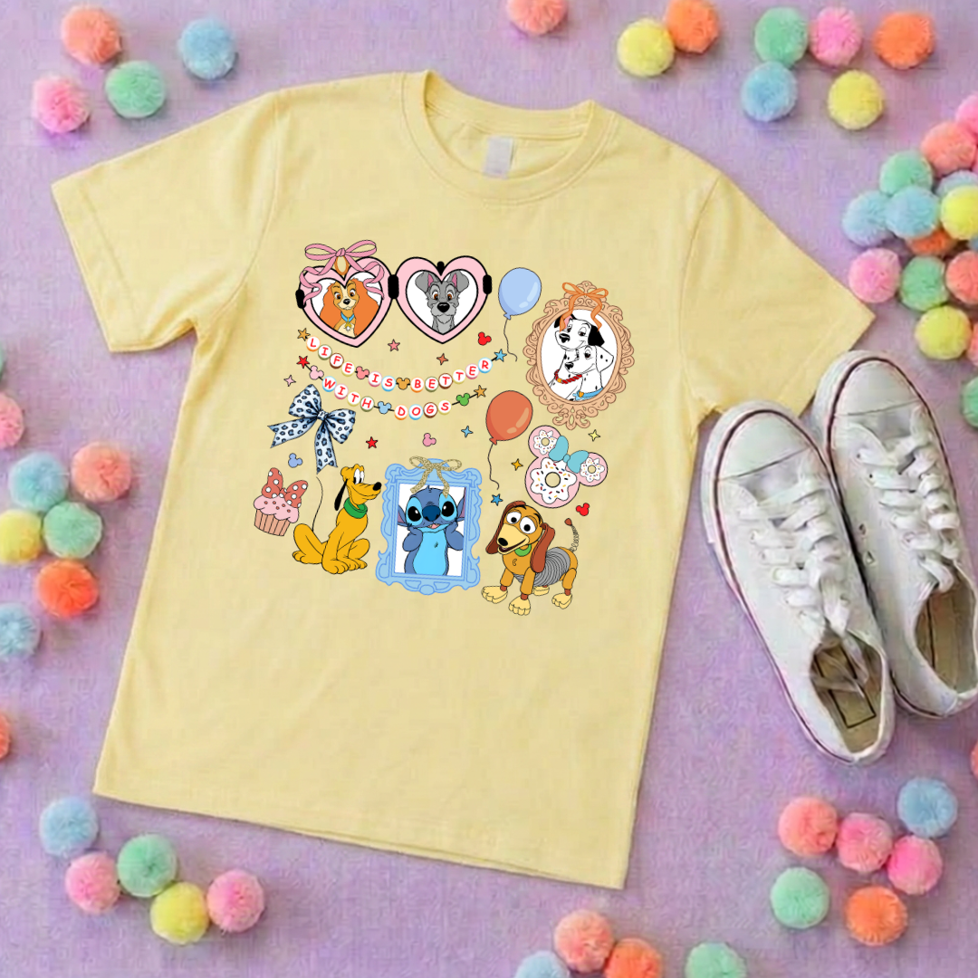 Pets Inspired Printed White T-Shirt, Dogs, Stitch, Dalmations and Friends - Adults & Kids Sizes - Cotton T-Shirt