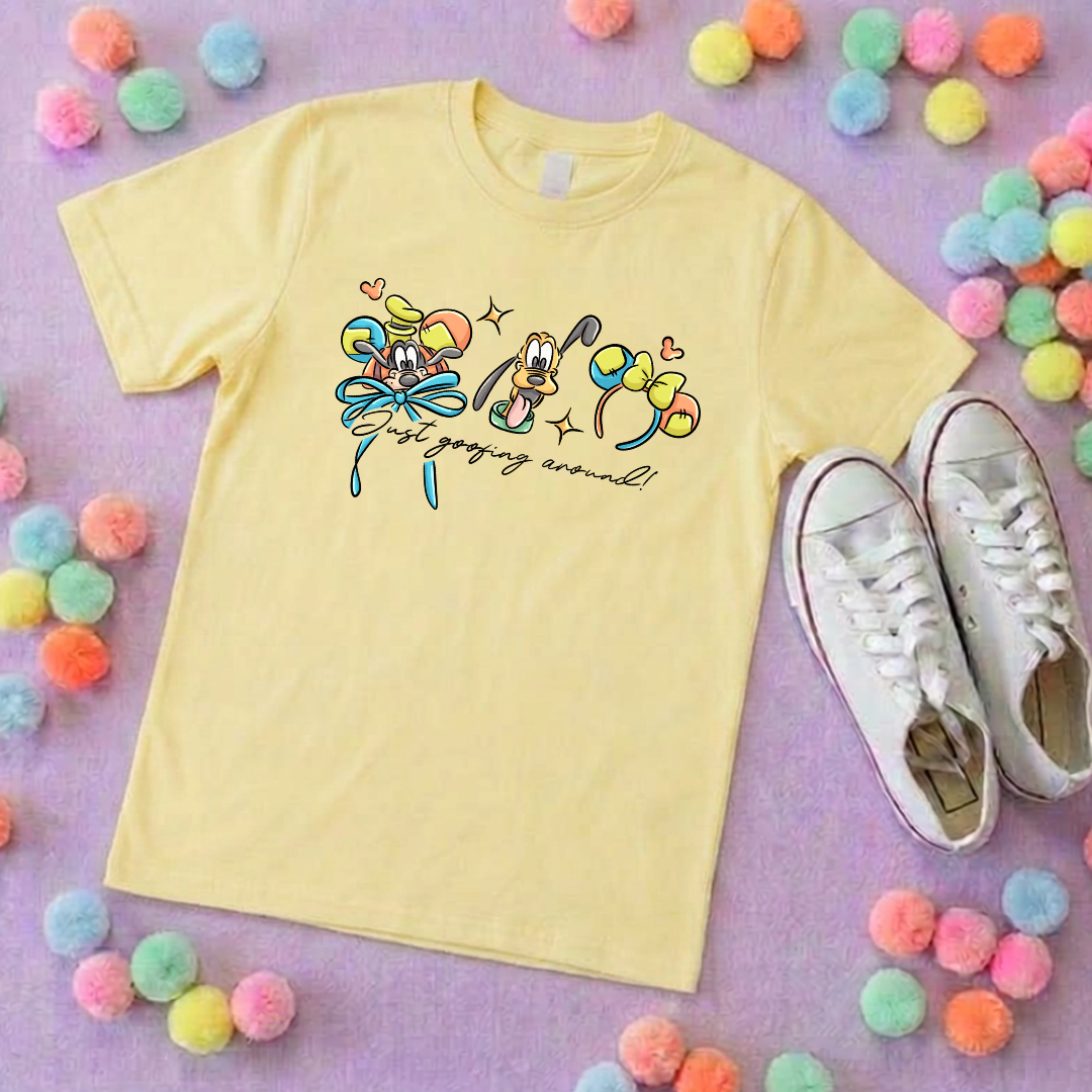 Goofing Around, Goofy, Pluto Inspired Printed White T-Shirt, Yellow Dog, Goofy - Adults & Kids Sizes - Cotton T-Shirt