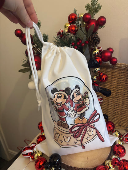 Christmas Santa Minnie & Mickey Snowglobe Printed Sacks, Magical Christmas Sacks, Personalised Sacks, Christmas Decor