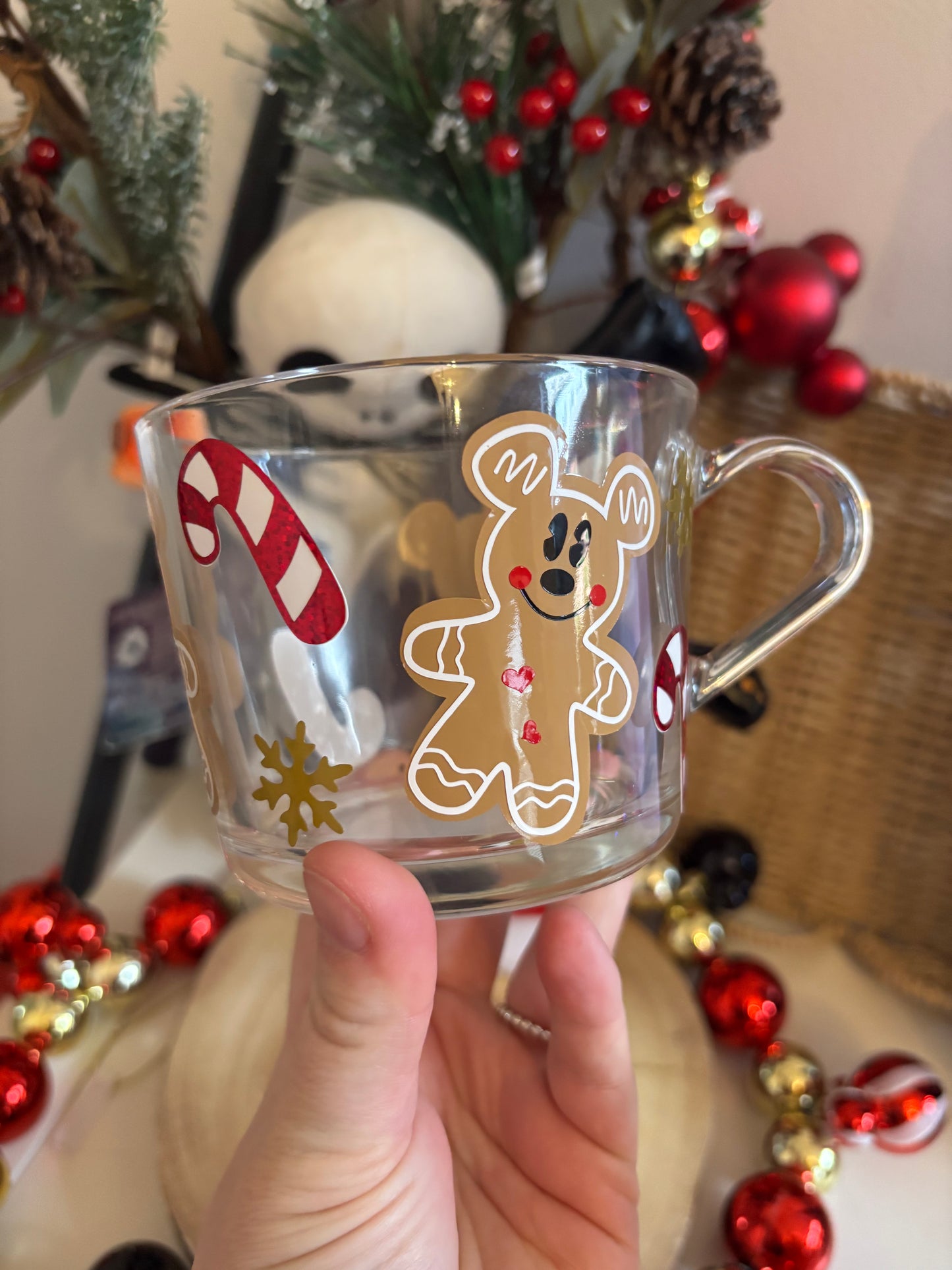 Christmas Gingerbread Mickey Glass Mug, Personalised Glass Mug, Christmas Decor, Christmas Cookies Decor, Glass Mugs
