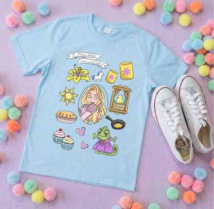 Rapunzel Princess Tower Full Art Inspired Printed T-Shirt, Princess Movie, Golden Hair Princess- Adults & Kids Sizes - Cotton T-Shirt