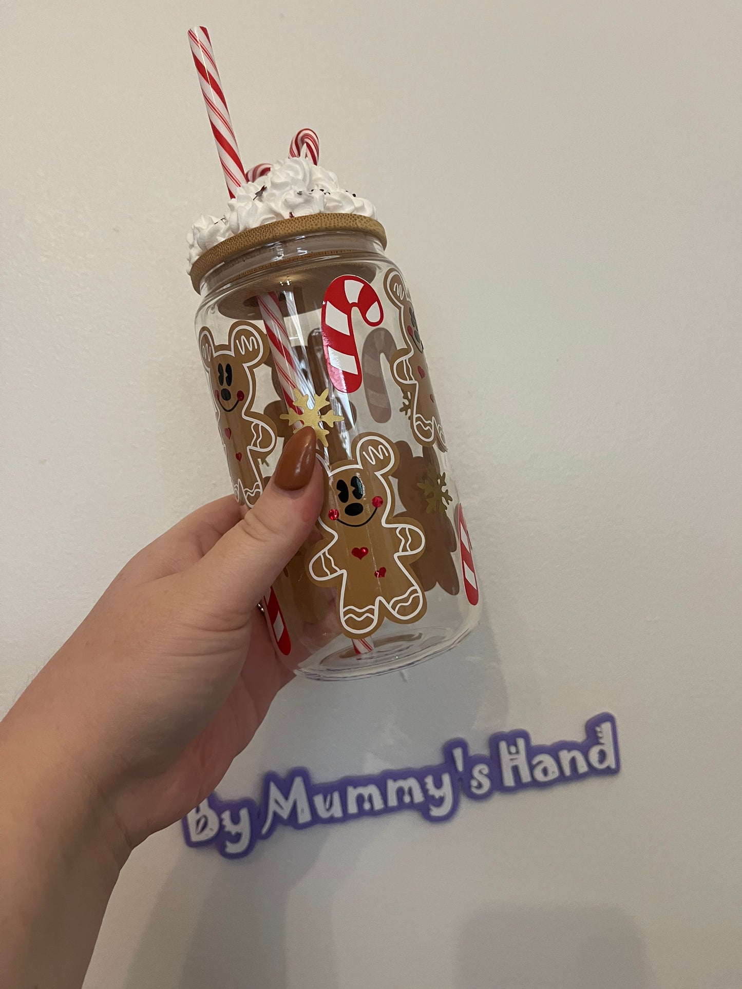 Gingerbread Mickey Mouse Can Glass with Whipped Lid and Candy Canes, Drinkware