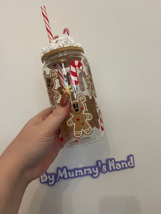 Gingerbread Mickey Mouse Can Glass with Whipped Lid and Candy Canes, Drinkware