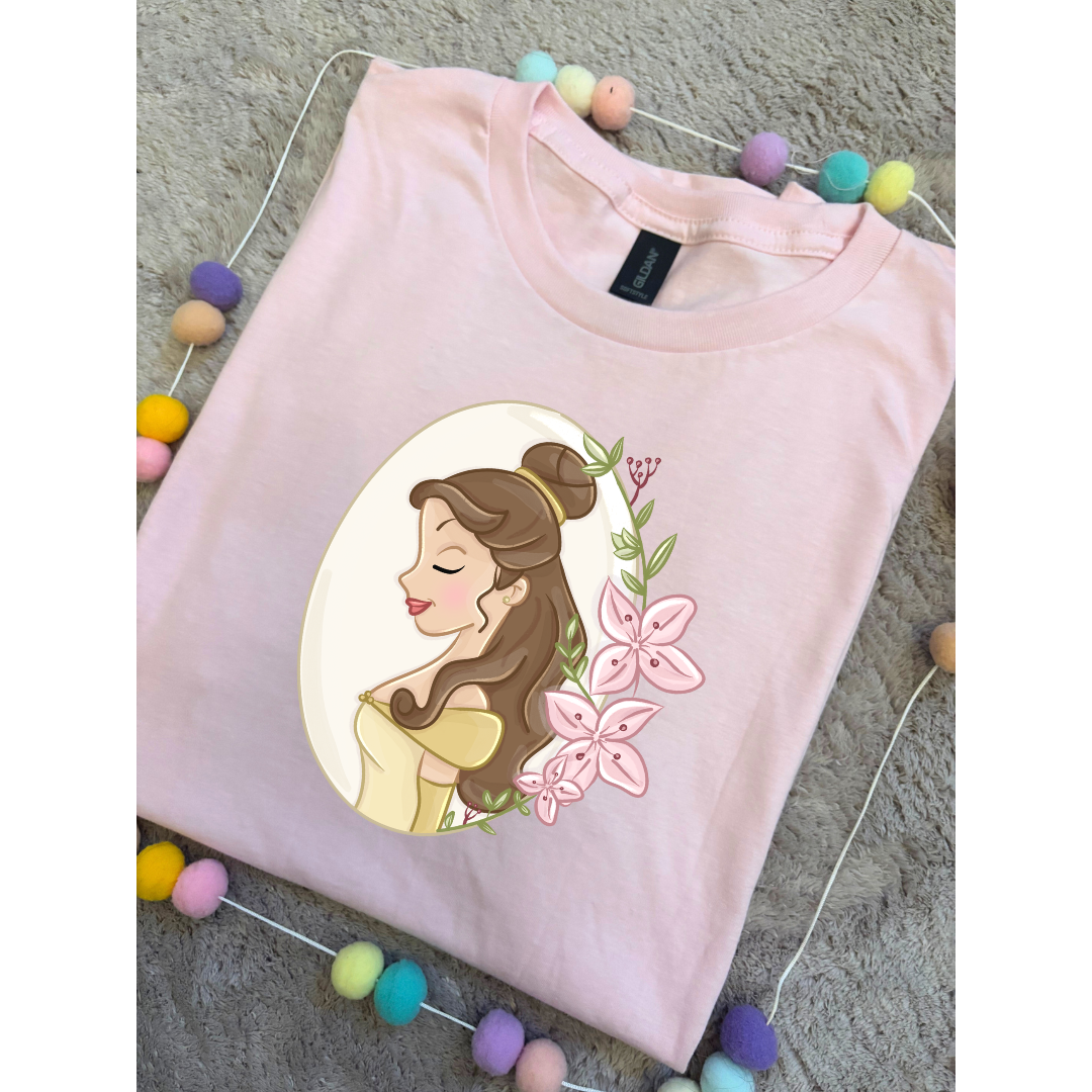 Belle & Flower Inspired Printed T-Shirt, Princess Movie, Mouse Ears, Princess- Adults & Kids Sizes - Cotton T-Shirt