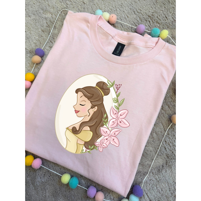 Belle & Flower Inspired Printed T-Shirt, Princess Movie, Mouse Ears, Princess- Adults & Kids Sizes - Cotton T-Shirt