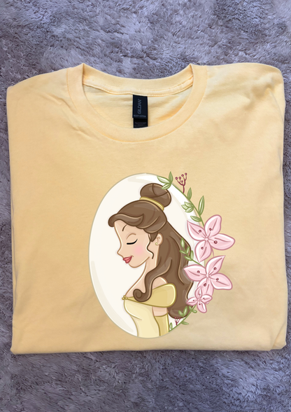 Belle & Flower Inspired Printed T-Shirt, Princess Movie, Mouse Ears, Princess- Adults & Kids Sizes - Cotton T-Shirt
