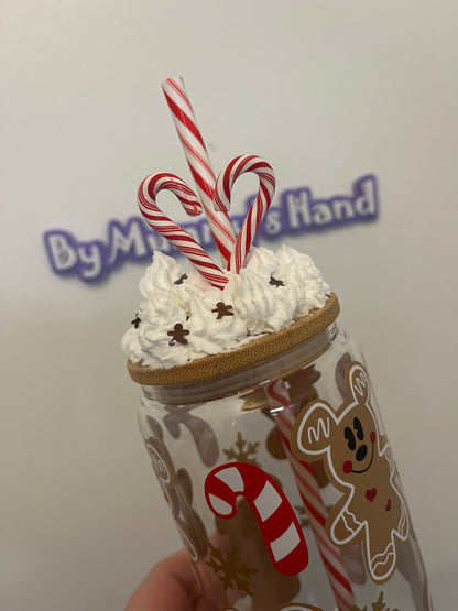 Gingerbread Mickey Mouse Can Glass with Whipped Lid and Candy Canes, Drinkware
