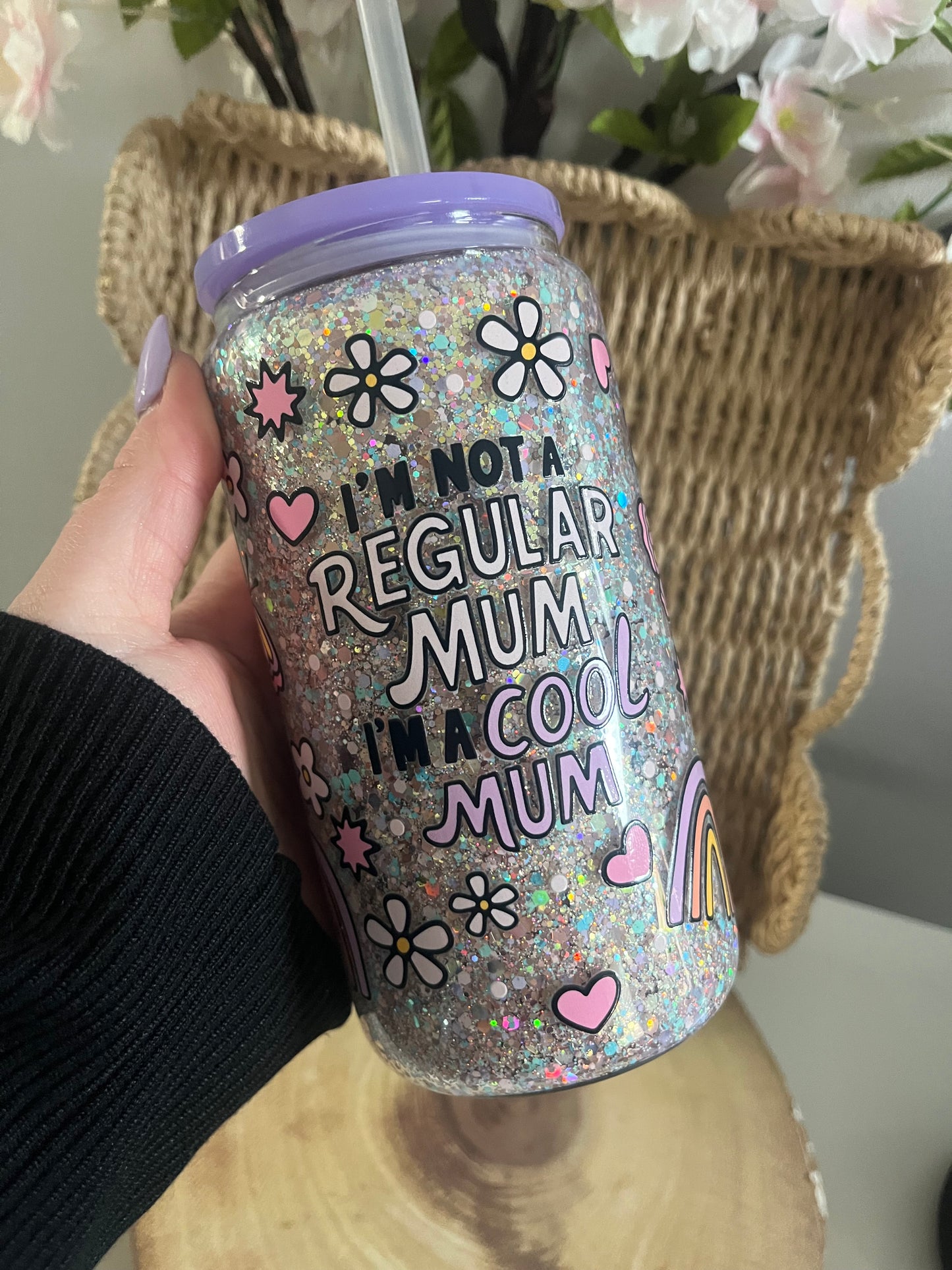 Cool Mum Glitter Glass Tumbler, Glassware, Snowglobe, Glitterglobe, Pretty Drink Cups, Butterfly Theme, Rainbow Theme, Glitter Glasses