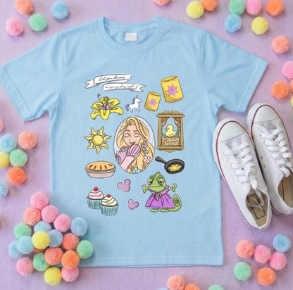 Rapunzel Princess Tower Full Art Inspired Printed T-Shirt, Princess Movie, Golden Hair Princess- Adults & Kids Sizes - Cotton T-Shirt