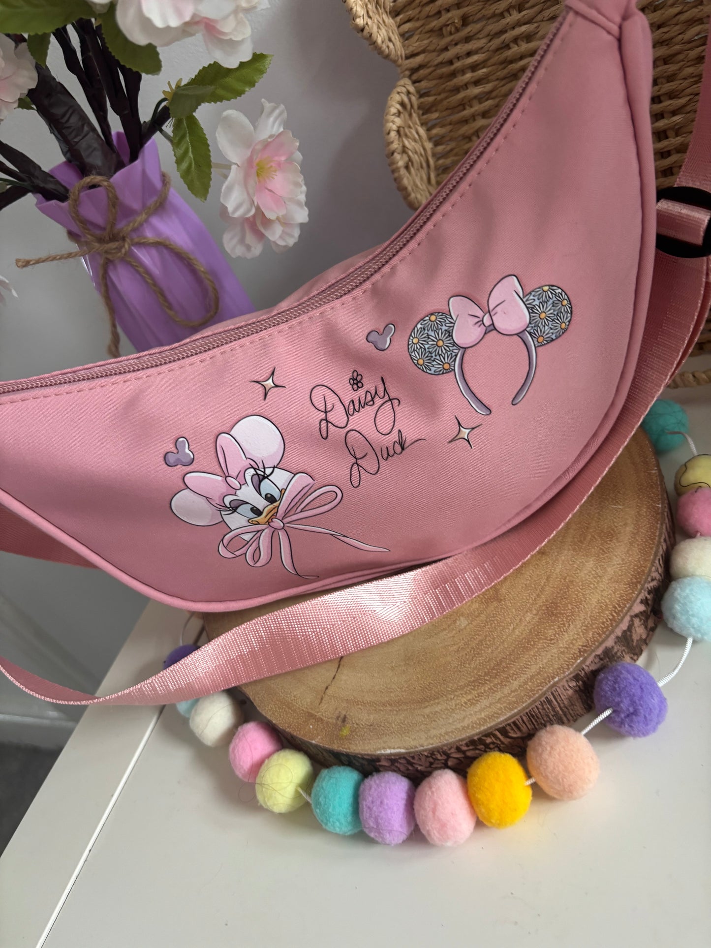 Girlie Daisy Duck Dumpling Bags, Printed Inspired Bags, Crossbody Bags, Florida, Orlando, Paris, Theme Make Up Bag