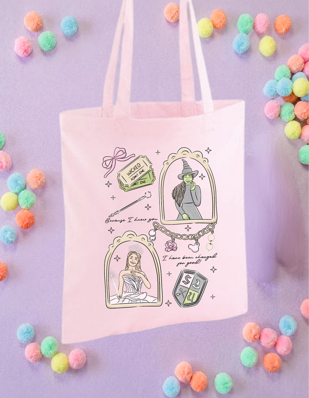 Wicked Witch Pink Tote Bags, Pink and Green Witch Cotton Canvas Tote Bags, Printed Inspired Tote Bags, Shopper Bags