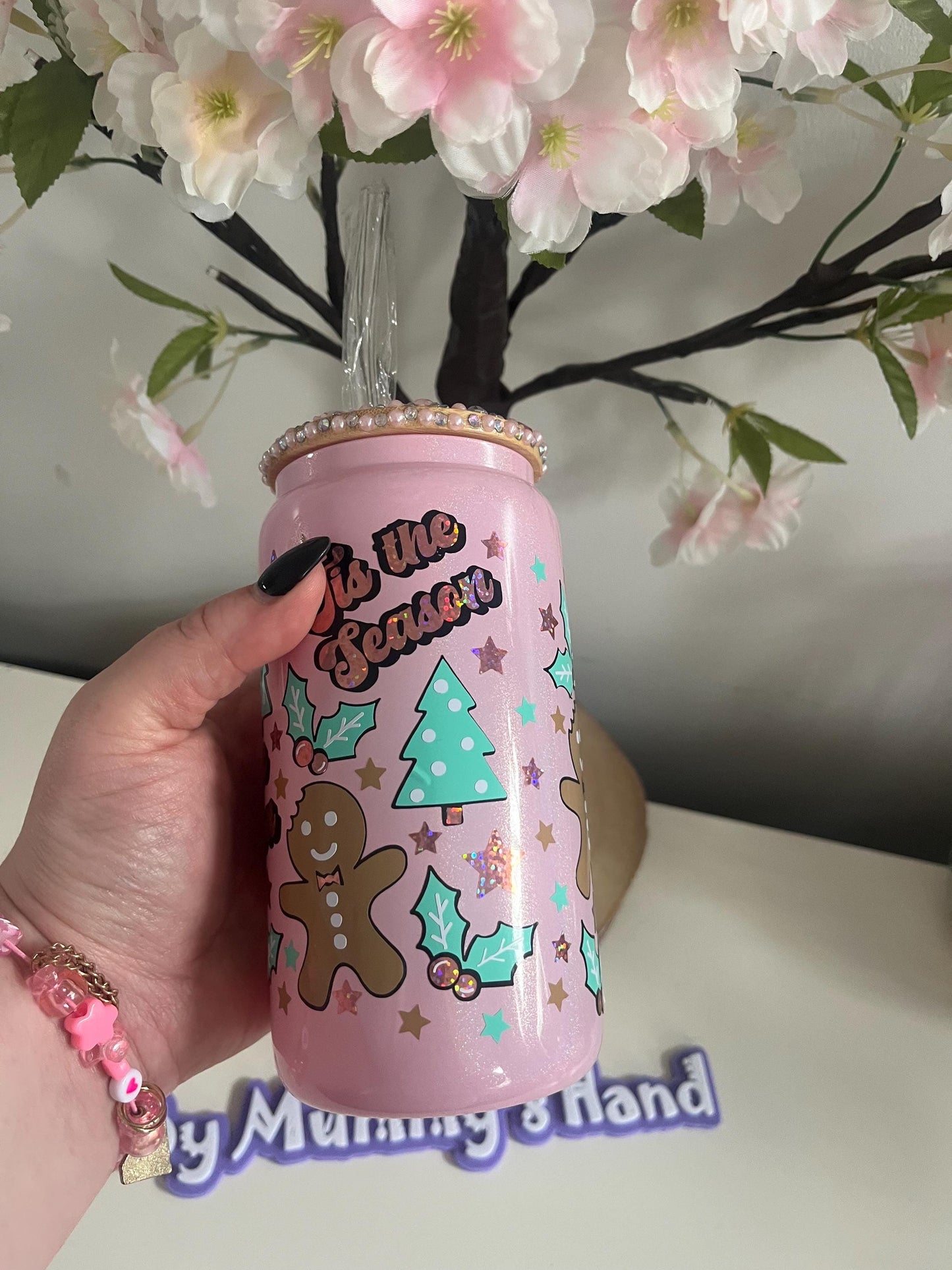 Personalised Can Glasses, Tis the Season, Christmas, Hot Chocolate, Gingerbread Latte, Iced Latte Glass, Pink Christmas Cup