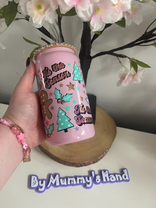 Personalised Can Glasses, Tis the Season, Christmas, Hot Chocolate, Gingerbread Latte, Iced Latte Glass, Pink Christmas Cup