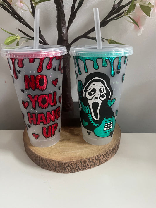 Scary Cold Cup, Scream Inspired Ghostface Cold Cup, No You Hang Up, Funny Quotes, 24oz Cold Cups