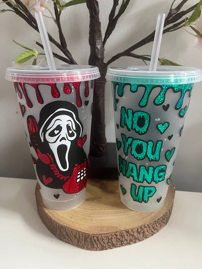 Scary Cold Cup, Scream Inspired Ghostface Cold Cup, No You Hang Up, Funny Quotes, 24oz Cold Cups