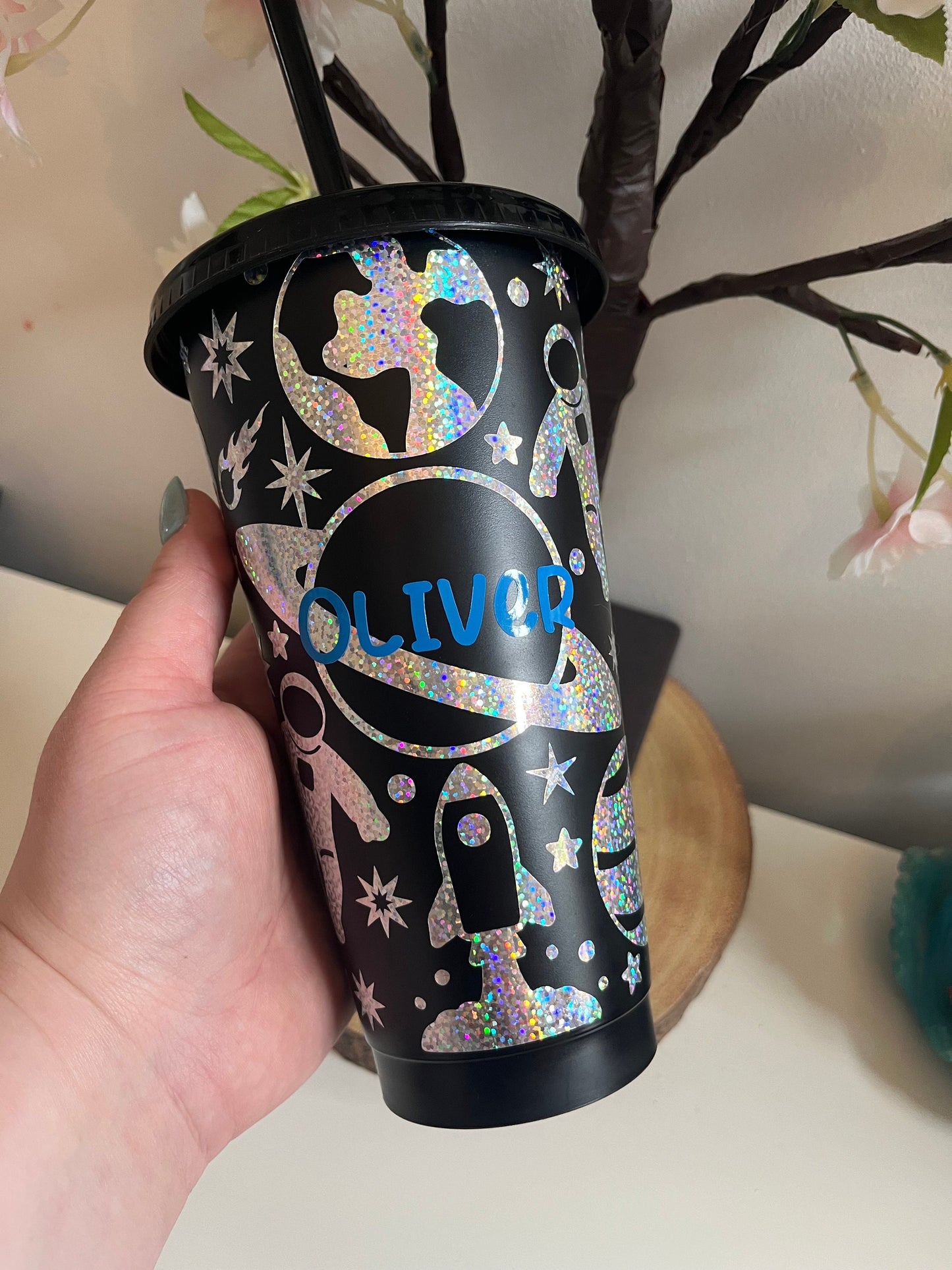 Personalised Cold Cups, Black Space Theme Tumbler, Colour Changing Cold Cups, Space Astronaut Cold Cup