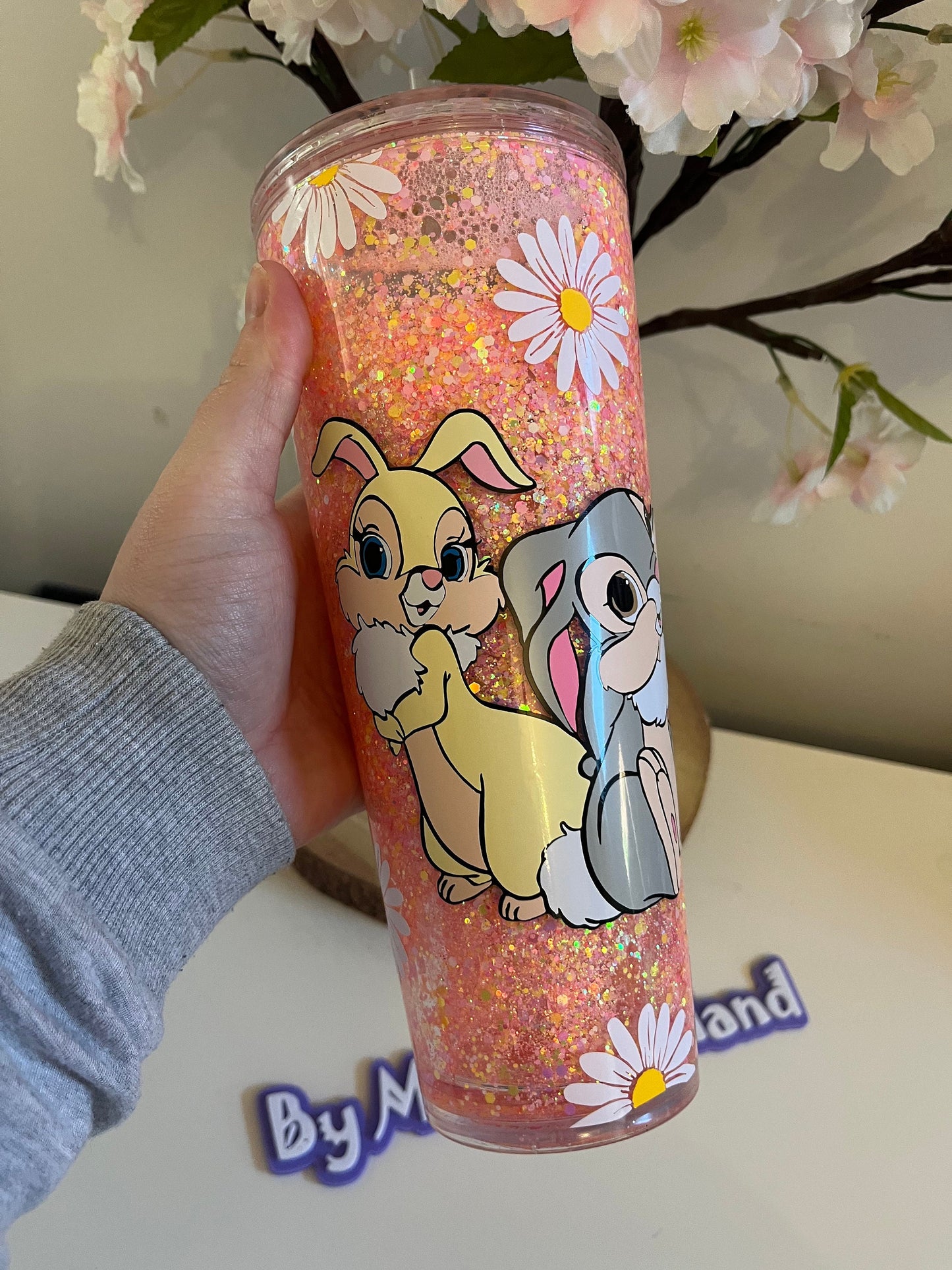 Glitter Snowglobe Tumbler, Thumper Miss Bunny Bambi, Easter Bunny, Easter Gifts, Daisie Flower