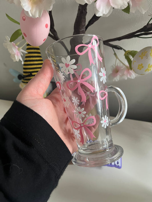 Glass Latte Mug, Pink Bow, Pink Theme Glass Mug, Inspired Decor, Bows, Daisy Glass Mug, Glass Mugs