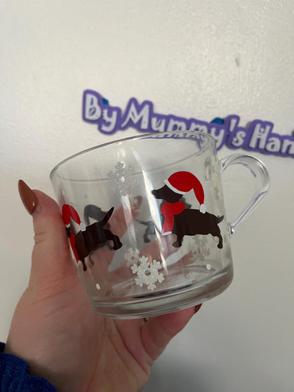 Personalised Glass Mug, Christmas Sausage Dog Glass Mug, Dashchund Decor, Christmas Movie, Glass Mugs