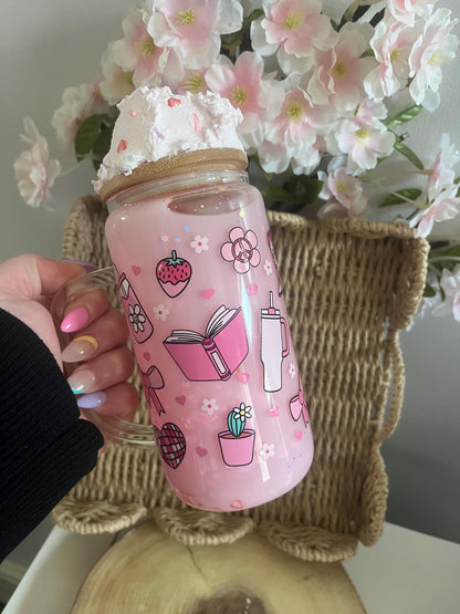 Pretty Pink Flower Glitter Glass Tumbler, Glassware, Snowglobe, Glitterglobe, Pretty Pink, Pink Decor, Pink Drink, Daisie Floral Theme