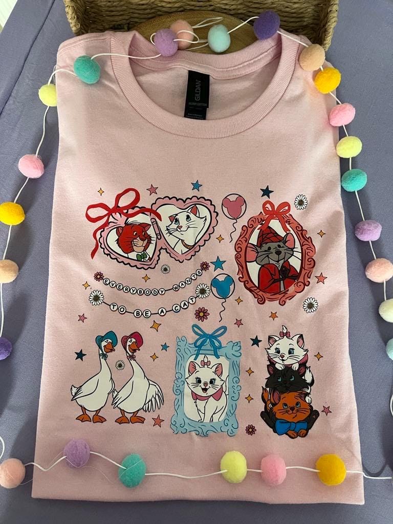 Cat Aristocat Inspired Printed Pink T-Shirt, Underwater, Kittens, Marie, Duchess and Friends - Adults & Kids Sizes - Cotton T-Shirt