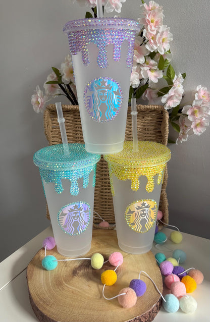 Rhinestone Lid Starbies Cold Cup, Choose your own colours, Iced Coffee Cup, Summer Cups, Rhinestoned Tumbler, Cold Drink, Sparkle Cups