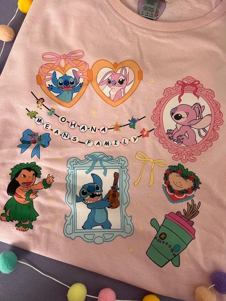 Blue Alien Stitch Inspired Printed Pink T-Shirt, Hawaii, Hawaiian Rollercoaster, Lilo, Scrump - Adults & Kids Sizes - Cotton T-Shirt